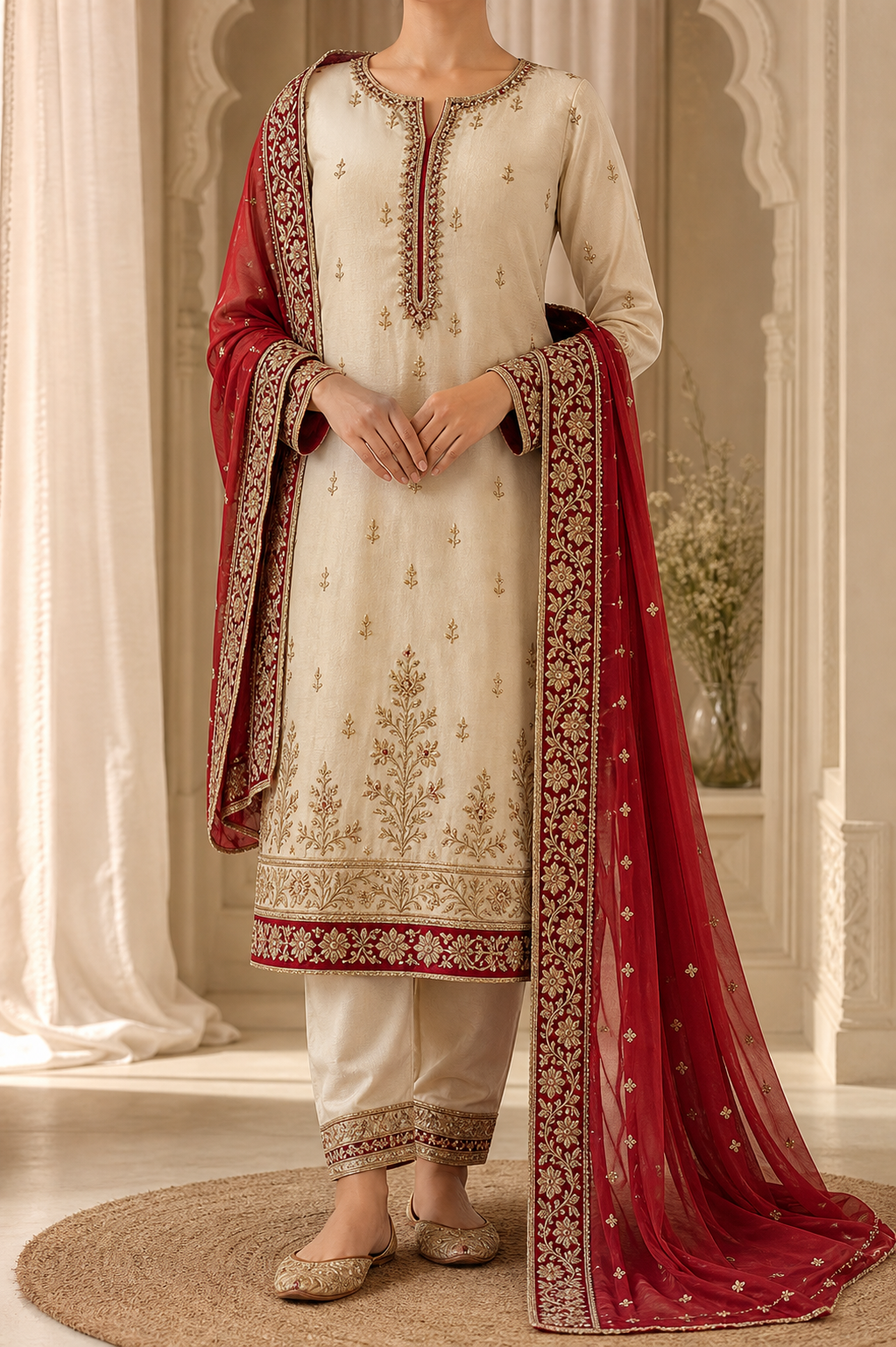 Premium ivory salwar suit with red embroidered dupatta