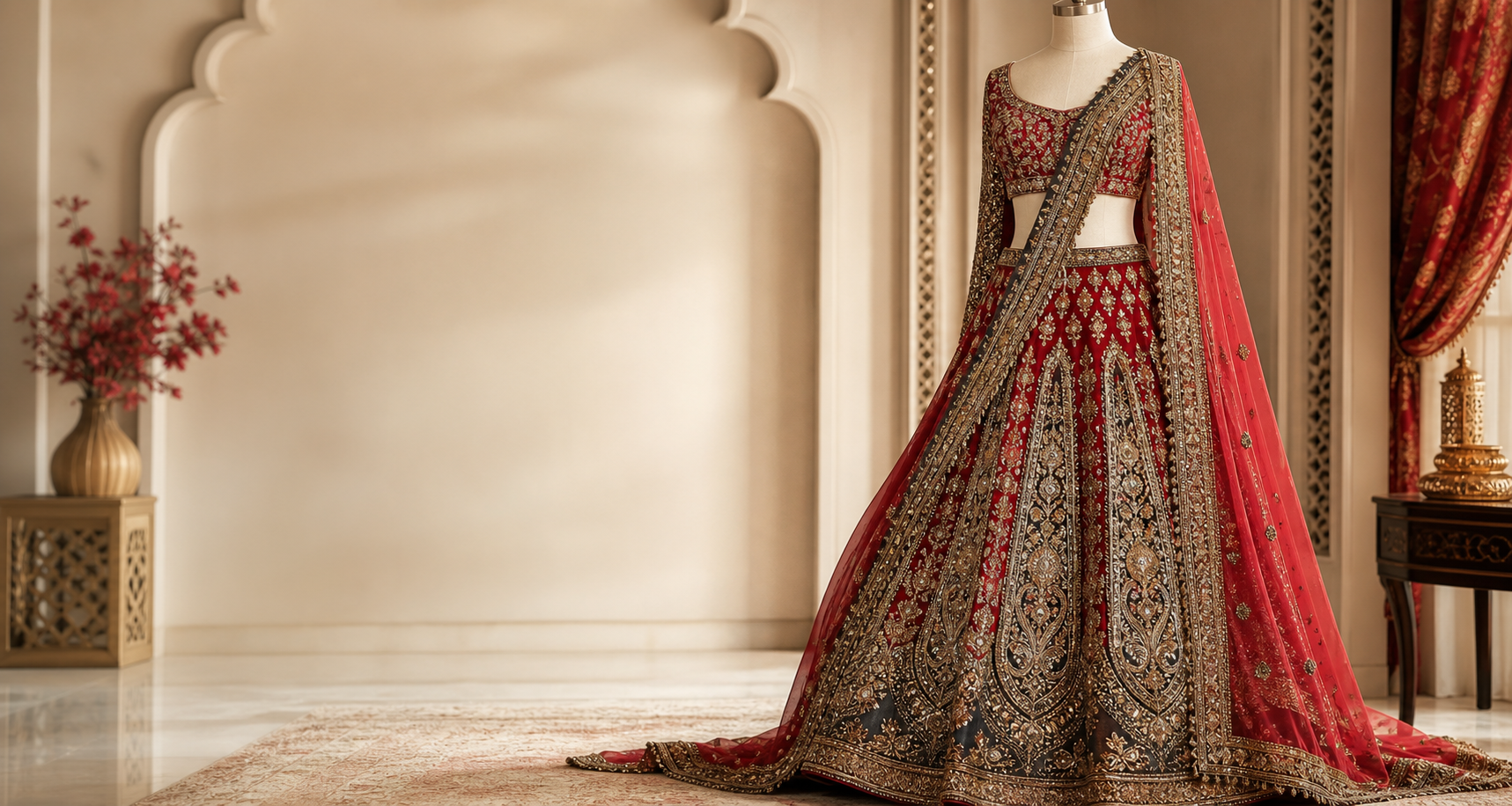 Luxury red and gold lehenga displayed in an elegant boutique