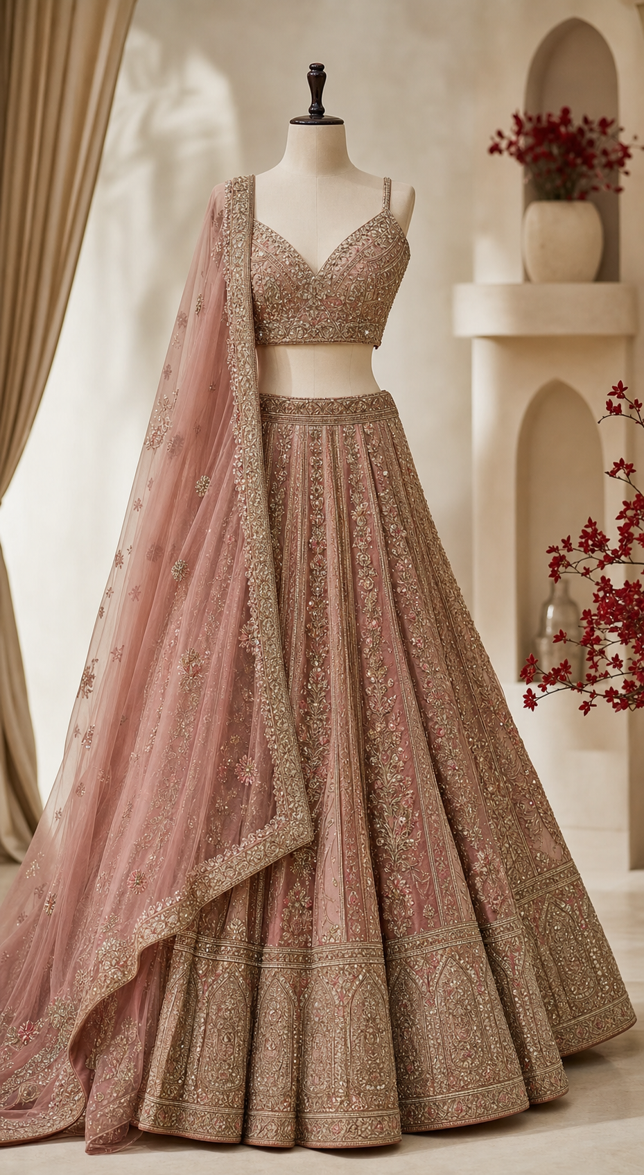 Premium pink embroidered lehenga displayed in a boutique setting