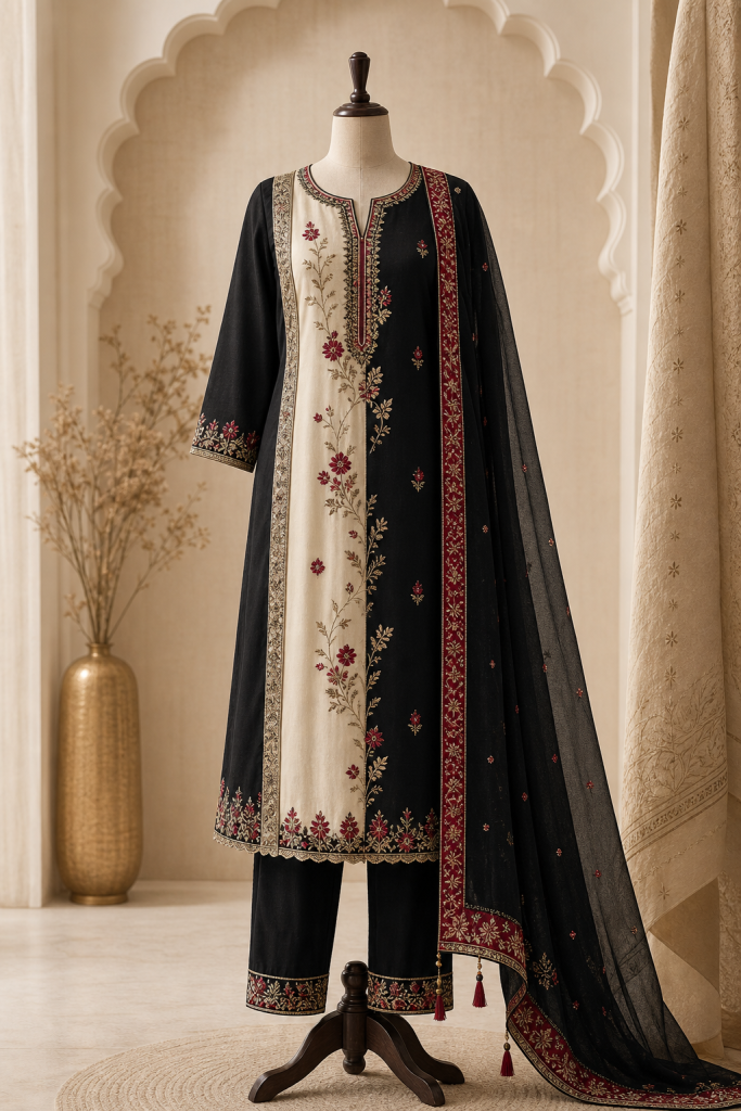 Charcoal and ivory designer kurti set