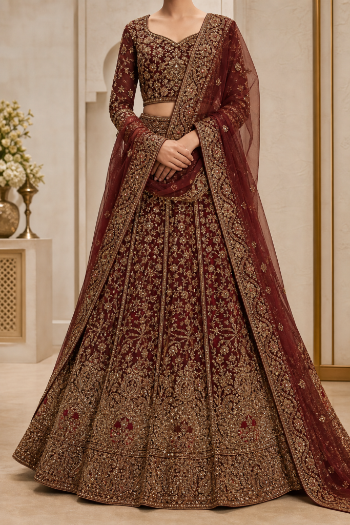 Designer red lehenga with zardosi embroidery