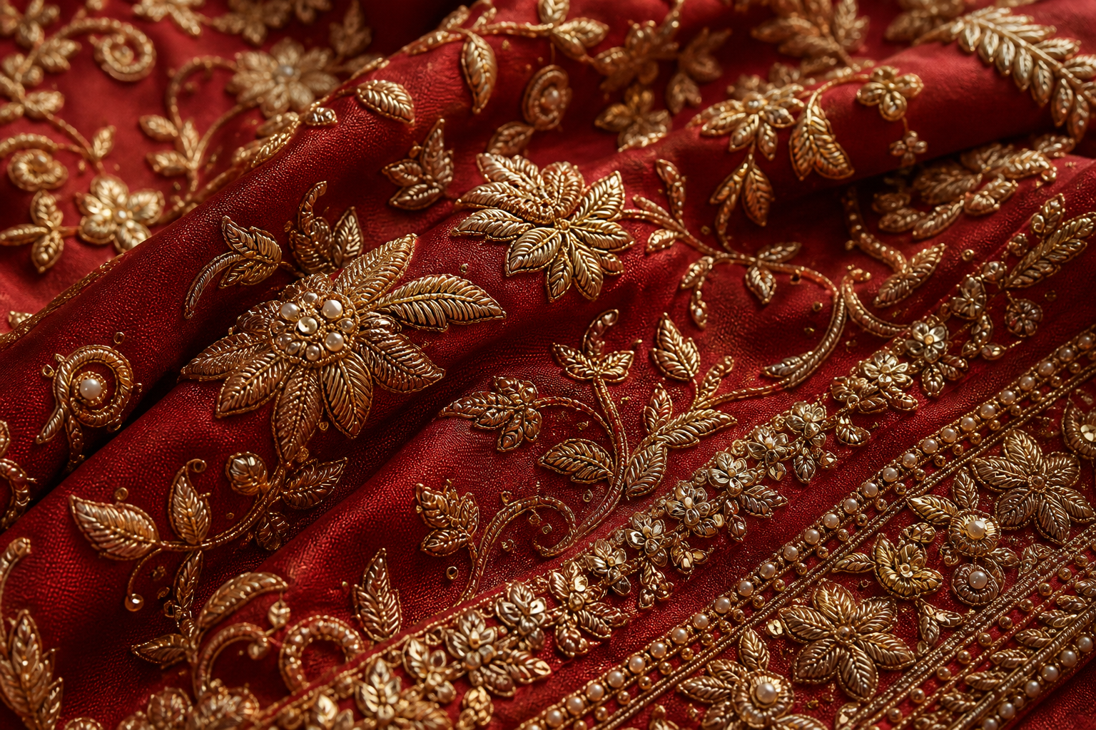 Close-up of red fabric with antique gold zardosi embroidery